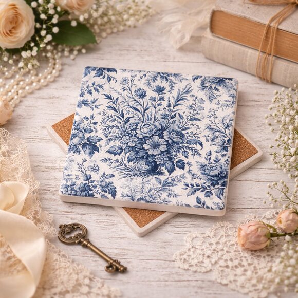 The Crowing Hen Other - Blue Toile Sandstone Coaster - Set of 4 | French Country Floral | Cork Back 4.3"